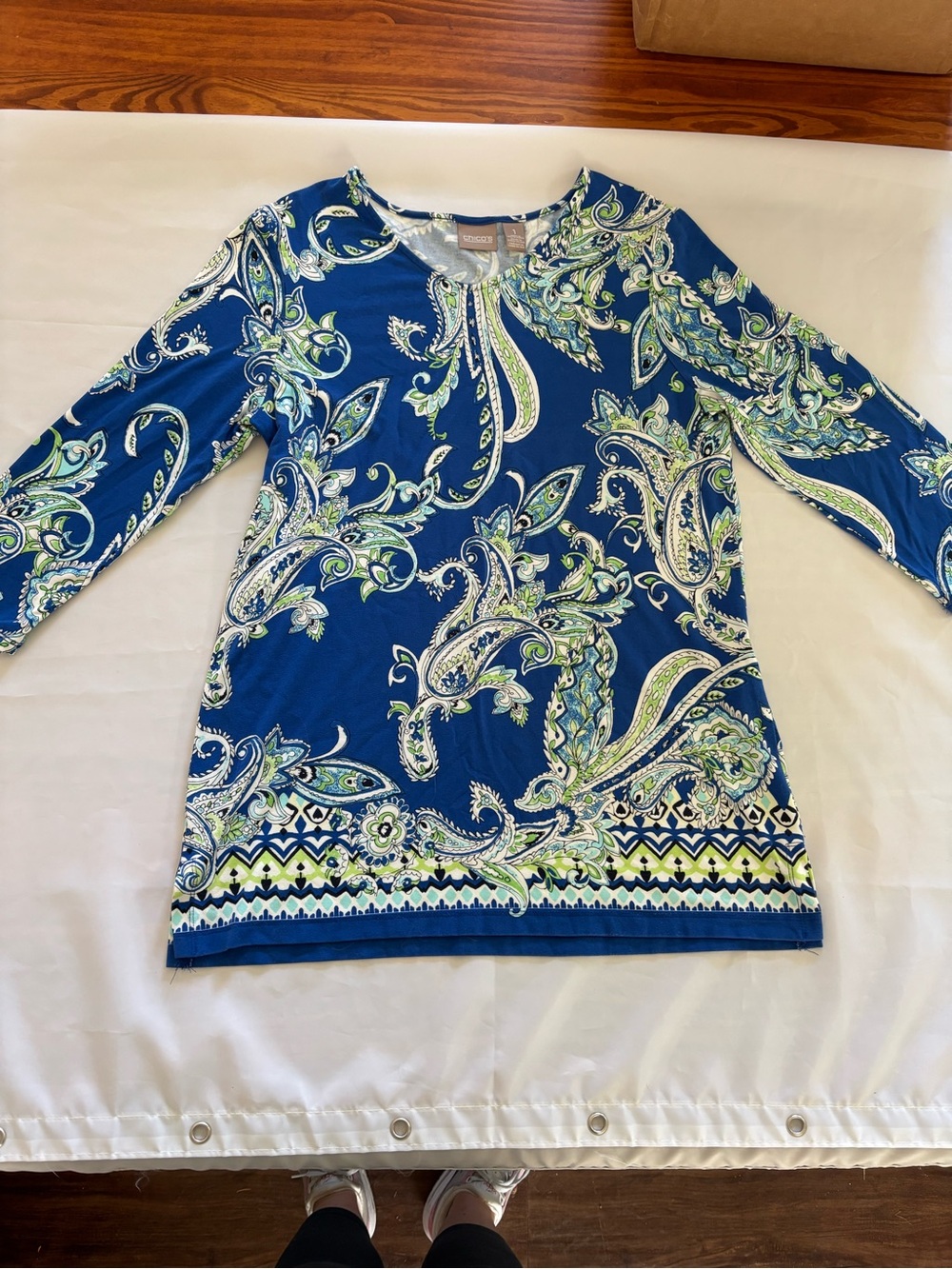 Chico's Blue Paisley Long Sleeve Tunic with Green Accents